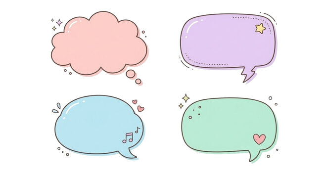 Kawaii Pastel Speech Bubbles Set on White Background, Colorful Chat Boxes Illustration