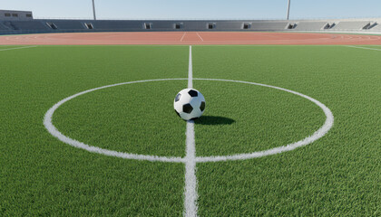 Fototapeta premium Soccer ball on green turf at midfield, football on stadium pitch with white center circle lines, sports match concept isolated PNG with Transparent Background