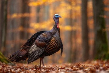 Fototapeta premium Wild Turkey in a Woodland Scene, Calm Moment Amid Seasonal Colors