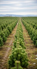 Naklejka premium Rows of Young Pine Trees Growing in a Christmas Tree Farm Under a Cloudy Sky.