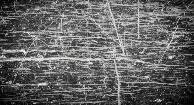 Close-up of a heavily scratched and textured metallic surface in black and white, showing a distressed and worn grunge background.