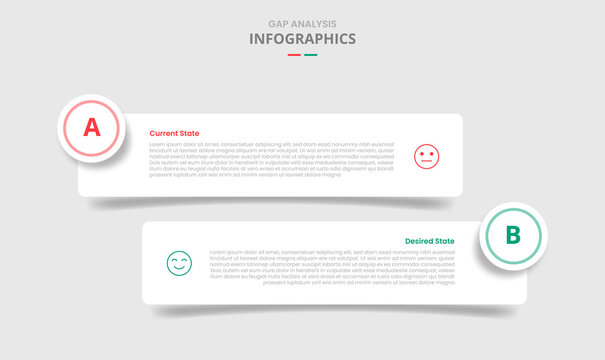 GAP analysis comparison for infographic with drop shadow style with round rectangle box with circle badge two point list information