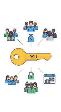 RSU Restricted Stock Units Concept with Key, Money Bag, Lock, Calendar, and Diverse Groups of People.
