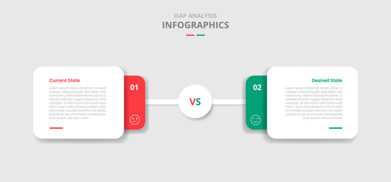 GAP analysis comparison for infographic with drop shadow style with round rectangle stacked layer with circle center connection two point list information
