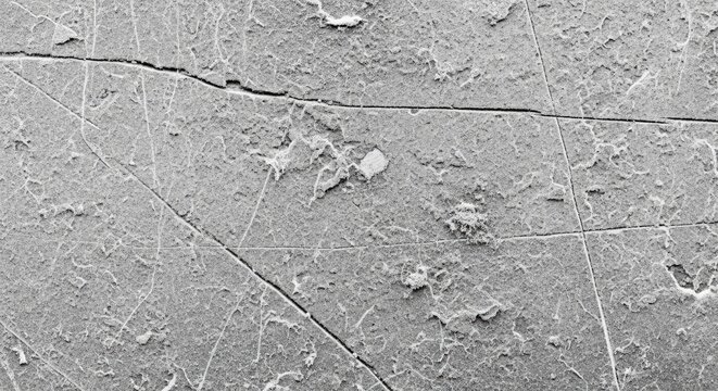 Close-up view of a textured grey surface with multiple cracks and scratches, possibly under electron microscope.