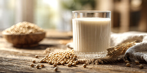 glass of fresh soy milk on rustic wooden table, creamy texture, soft natural daylight, bowl of soybeans and scattered grains beside it,  clean and healthy plant-based beverage concept. © v.stock