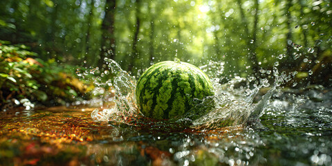 fresh whole watermelon splashing into a clear natural stream, dynamic water droplets frozen in motion, surrounded by lush green trees and forest background. © v.stock