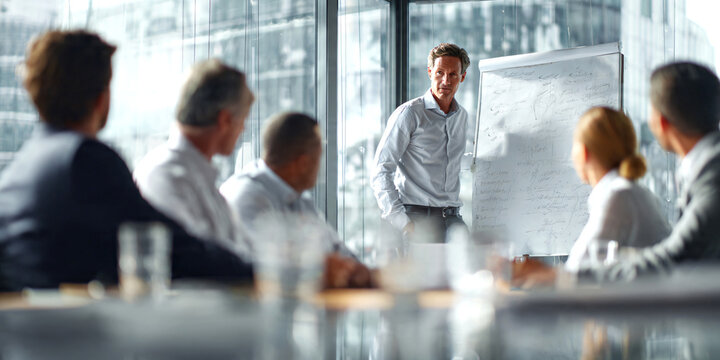 Group of business professionals in modern boardroom meeting, female team leader standing and presenting ideas on whiteboard.