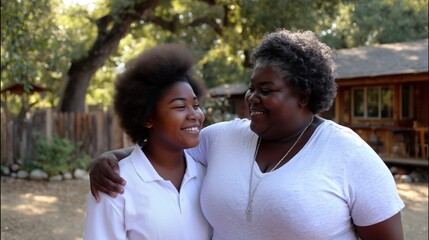 Obraz premium Two family members smile happily at each other, enjoying a warm day under the trees. They share a special bond, showcasing love and connection in a serene environment