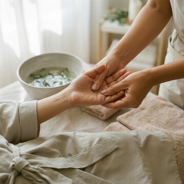 Woman receiving a relaxing hand massage at a natural spa