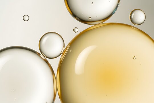 macro photograph of transparent and golden oil bubbles on white background