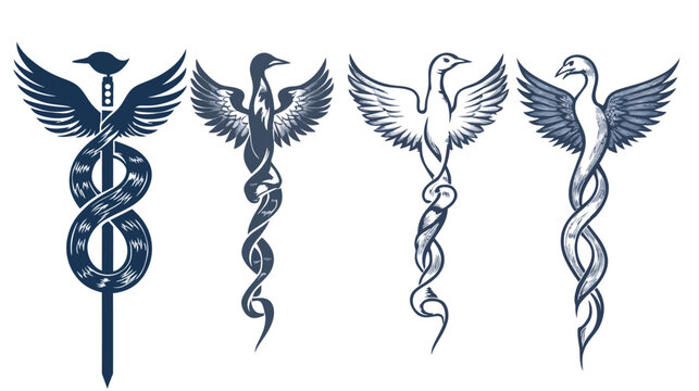 Four stylized illustrations, each depicting a symbol with a bird, wings, and a serpent-like form