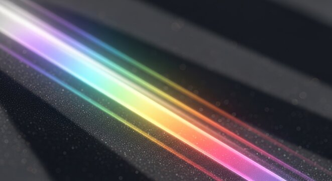 A vibrant rainbow light beam refracts across a dark, textured surface with subtle parallel lines.