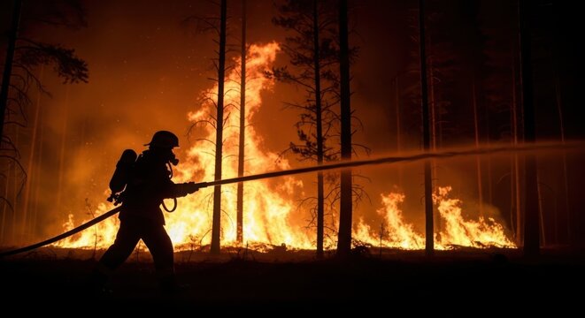 Firefighter silhouette spraying water on a raging wildfire at night, battling intense flames and smoke in a dark forest setting.