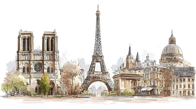 Collage of Paris Famous Landmarks as Editable Vector Illustration for Banners and Posters promoting French tourism in 16:9 aspect ratio.
