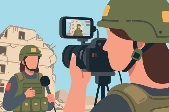 War zone reporter in protective gear with microphone and cameraman filming destroyed building, stylized vector illustration.