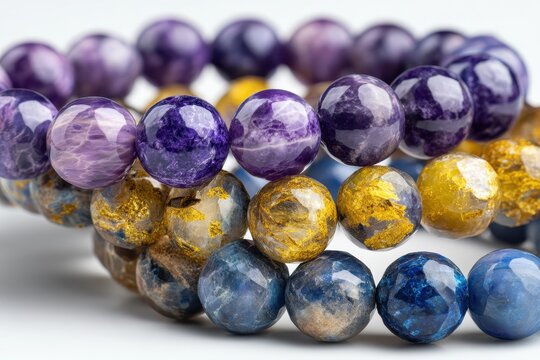 Close-up of three gemstone bead bracelets on a white background: charoite, pietersite, and cacoxenite