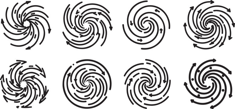 Spiral patterns with arrows showing clockwise and counterclockwise directions Vector