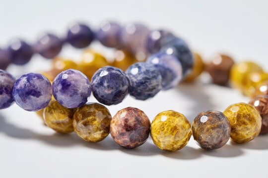 Elegant jewelry photograph: beaded bracelets featuring charoite, pietersite, cacoxenite on bright white background