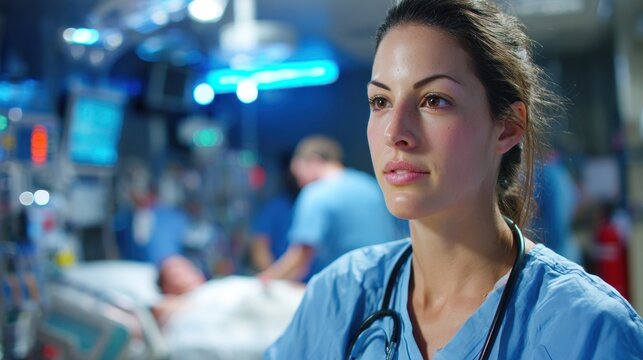 Frontline nurse in a hospital emergency department delivering attentive patient care