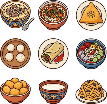 Traditional Central Asian cuisine food set featuring Lagman and Beshbarmak vector illustration