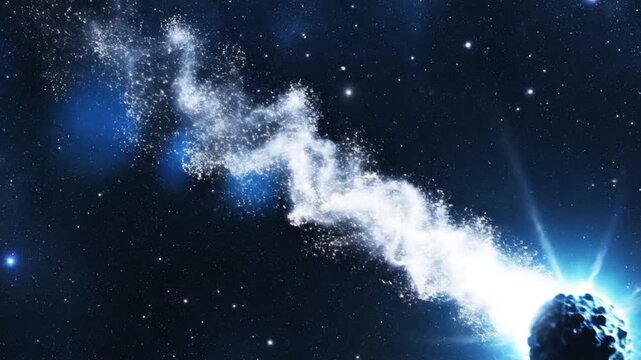 Cinematic view of a bright comet with a glowing nucleus and long luminous tail streaking across dark blue outer space filled with distant stars and faint nebulae background.