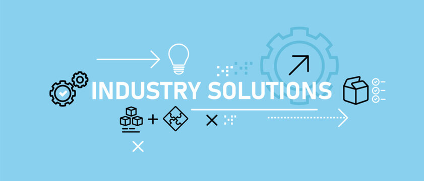 Industry solutions and manufacturing process banner with icons gears puzzle pieces technical problem solving production efficiency smart industrial innovation