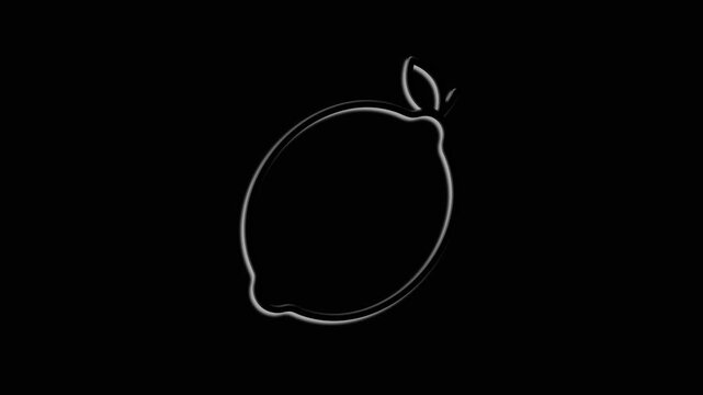 Animated lemon icon: minimalistic light outline, fruit with leaf on black background, isolated.