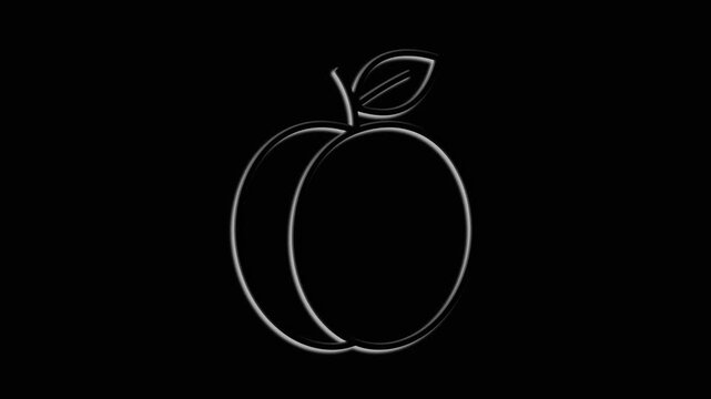 Animated peach icon: minimalistic light outline, fruit with leaf on black background, isolated.