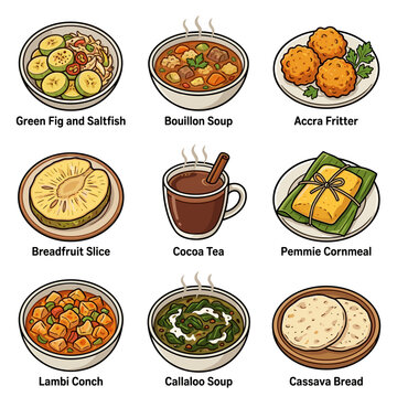 Traditional Saint Lucian Caribbean cuisine dishes set isolated on white vector illustration