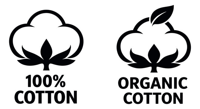 Simple graphic cotton icon set featuring 100 and organic labels for textile product certification