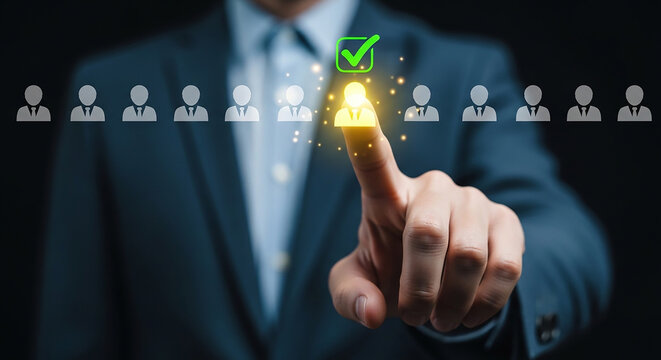 Selecting the Ideal Candidate: A finger hovers over a potential candidate icon, highlighting the process of choosing the perfect individual among numerous options.