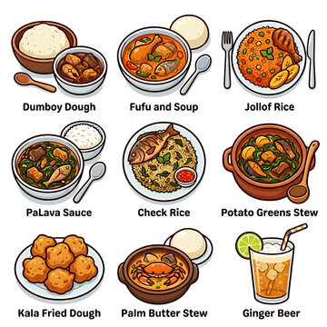 Traditional West African and Liberian food dishes collection isolated on white background illustration