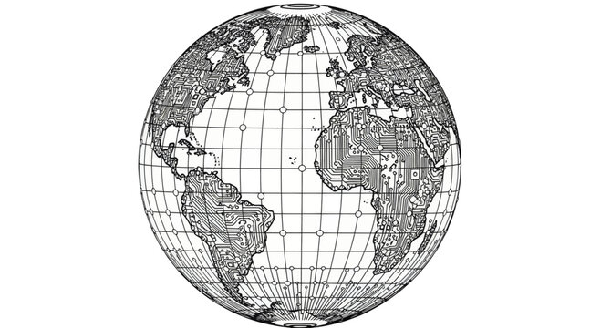 Globe depicted as a circuit board, blending geography with technology