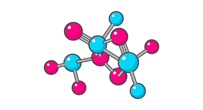 A colorful molecular structure composed of connected spheres and rods is displayed prominently in a detailed scientific illustration.