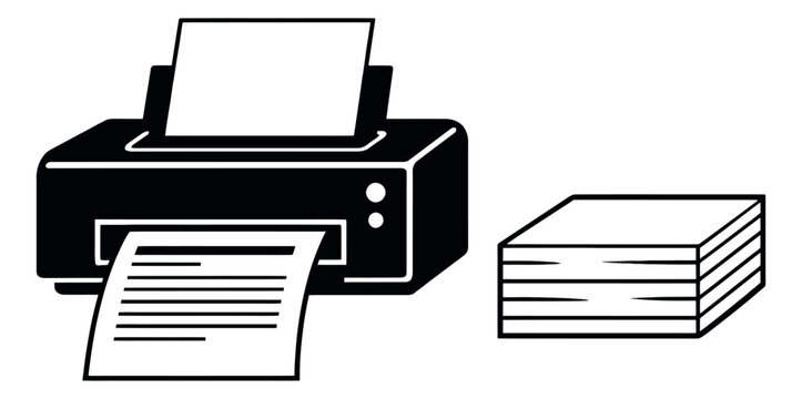 Line art office equipment set featuring a printer with paper and a stack of paper for printing tasks