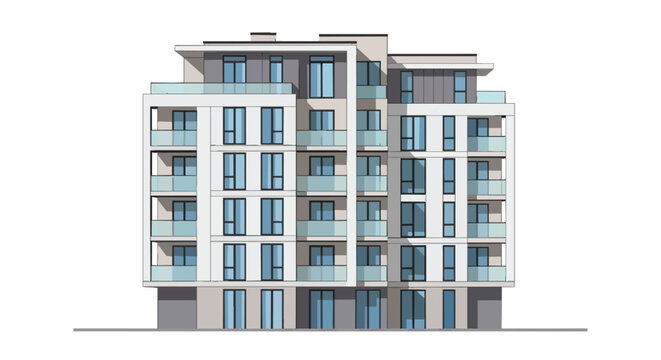 Modern Residential Building Facade with Balconies and Numerous Windows, Architectural Rendering