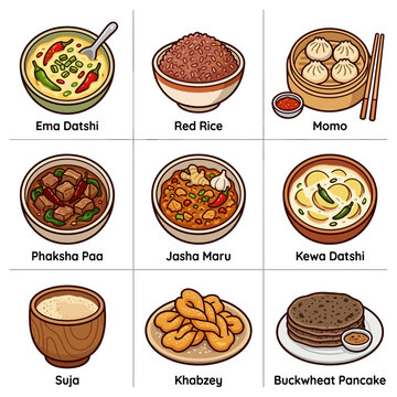 Collection of traditional Bhutanese cuisine dishes set vector illustration