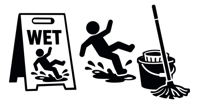 Simple graphic warning icons set featuring a wet floor sign, falling person, mop and bucket for cleaning safety