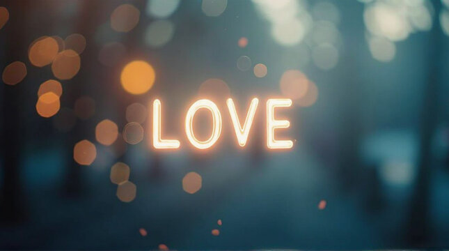 Glowing love sign with warm bokeh lights in romantic ambiance