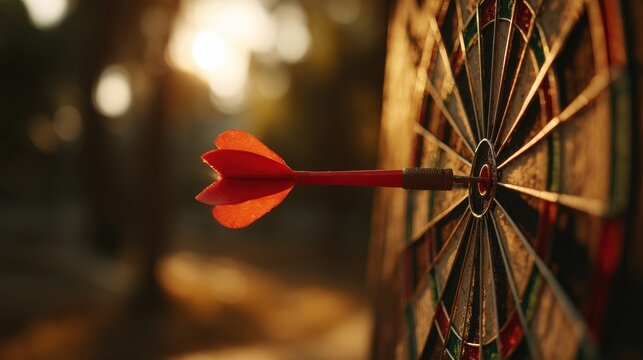 Close-up of a red dart hitting the bullseye on a wooden dartboard at sunset, symbolizing precise target focus in business