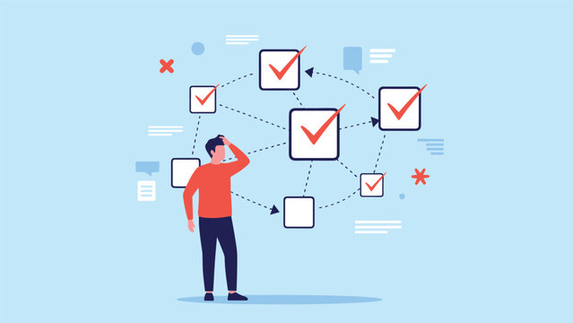 Confused man looking at a complex flowchart with checkboxes, symbolizing problem-solving, decision-making, and navigating complex processes.