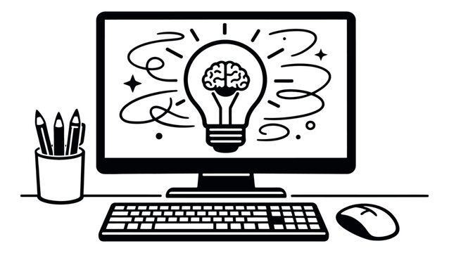 Hand drawn line art illustration of a desktop computer setup depicting an idea lightbulb with a brain for creative innovation