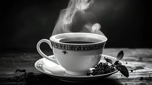 A cup of tea with steam, on a saucer with leaves, in monochrome