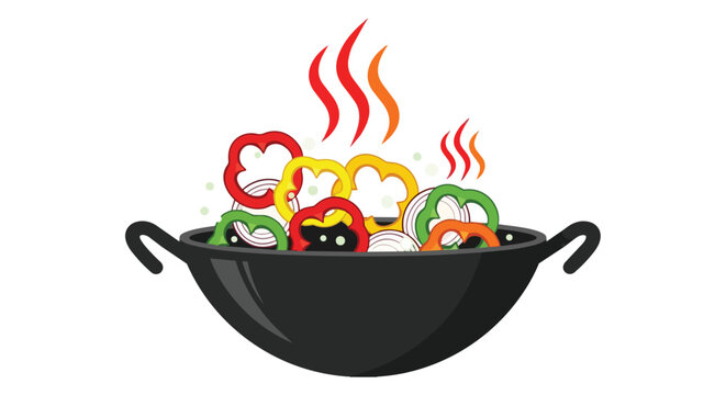 Vibrant Sliced Bell Peppers and Onions Simmering in a Wok with Steaming Heat