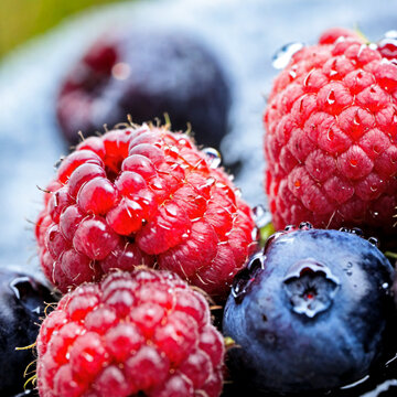 Primer plano macro extremo de frambuesas y ar&aacute;ndanos frescos cubiertos con gotas de roc&iacute;o