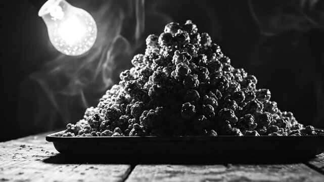 Black and white close up of a mountain of caramel popcorn in a metal tray with a dim light and smoke