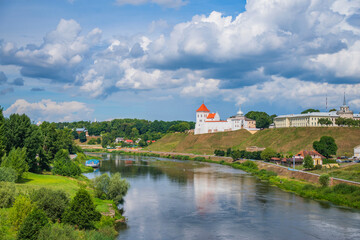 Obraz premium Old Castle in Grodno Belarus on the hill above Neman river with copy space