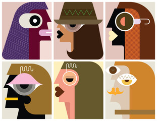 Vector graphic of 6 modern art portraits of different people. 