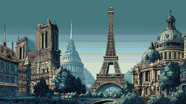 Collage of Paris Famous Landmarks as Editable Vector Illustration for Banners and Posters promoting French tourism in 16:9 aspect ratio.